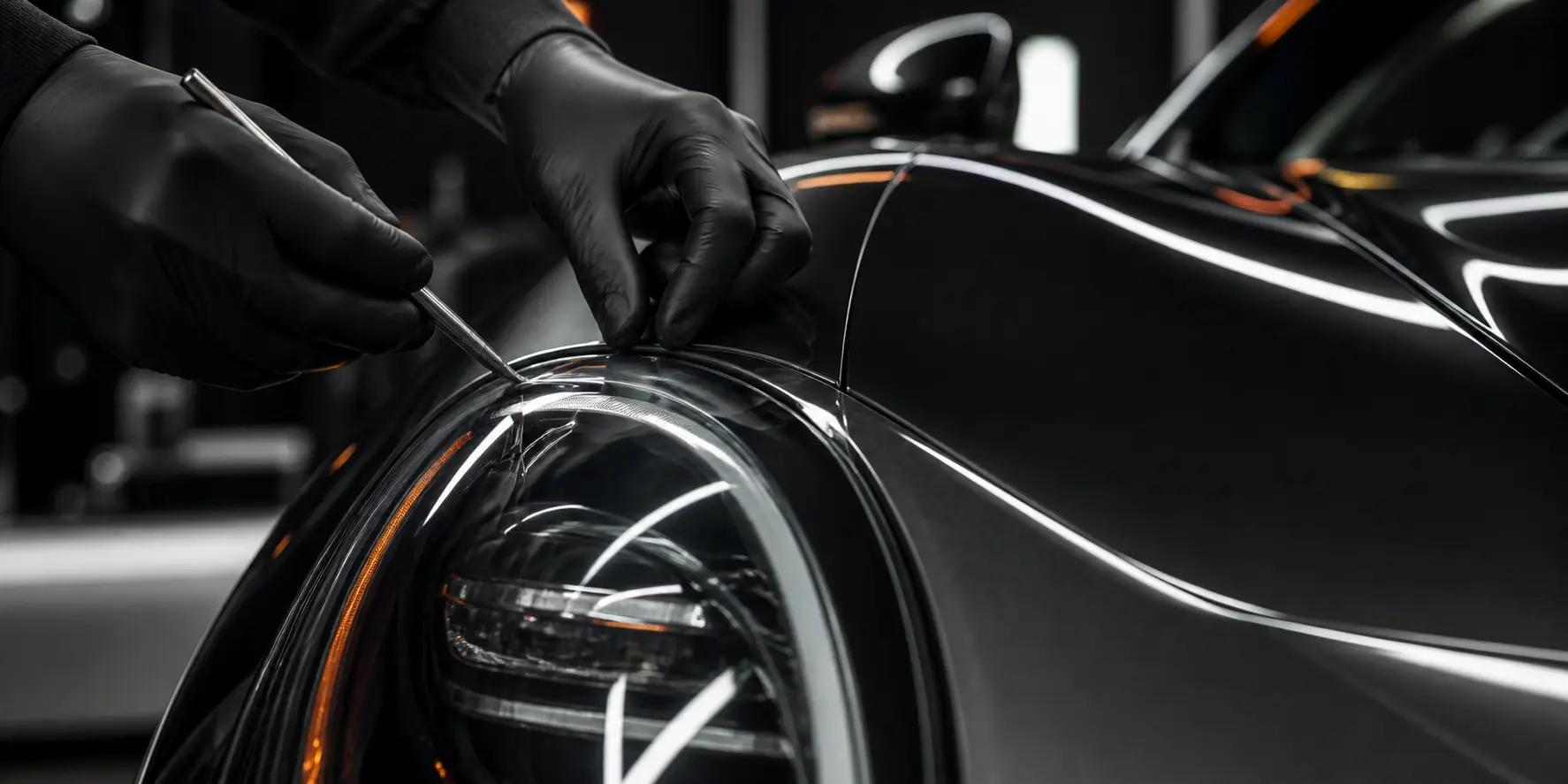 Technician finishing a clear protection film edge around a supercar headlamp